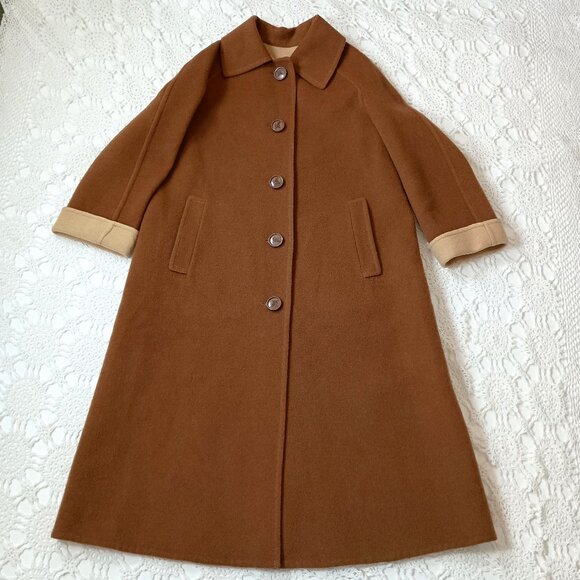 Vtg Burberrys Coat Tan Brown Ivory 100% Wool Button Up A Line Raglan Large Women - Picture 1 of 16